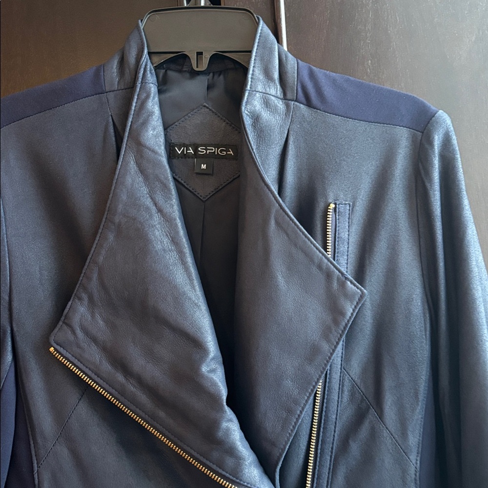 Via Spiga Blue Leather & Knit Peplum-Back Moto Jacket Size M - Picture 8 of 14